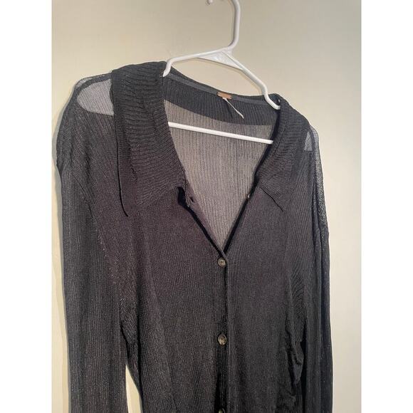 Free People Black Sheer Ribbed Slinky Button Down Long Sleeve Top - Picture 2 of 12